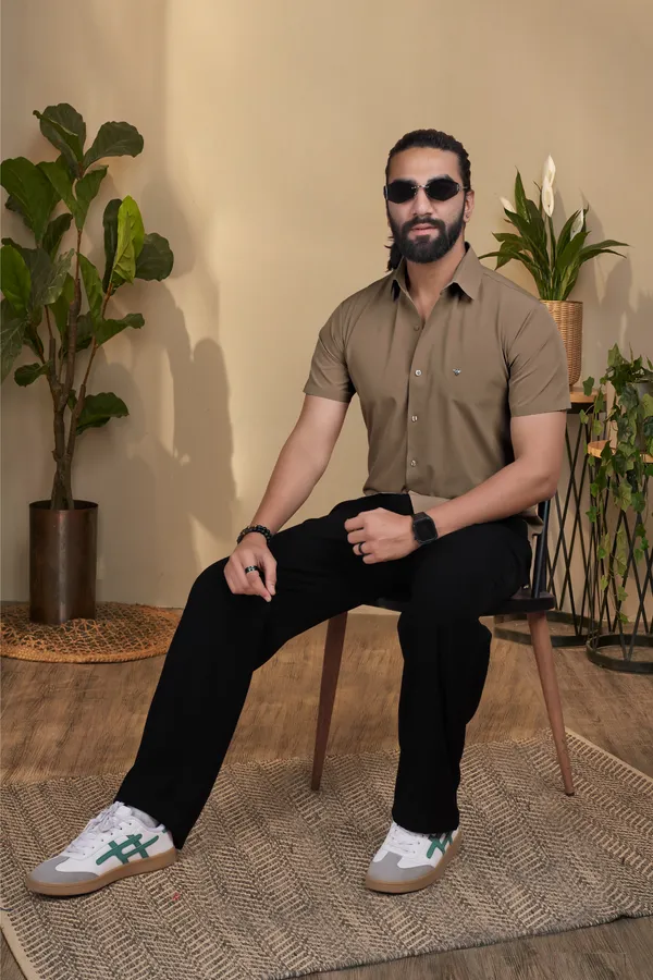 Olive_Nylon_Knitted_Seamless_Short-Sleeve_Button_Shirt_For_Men