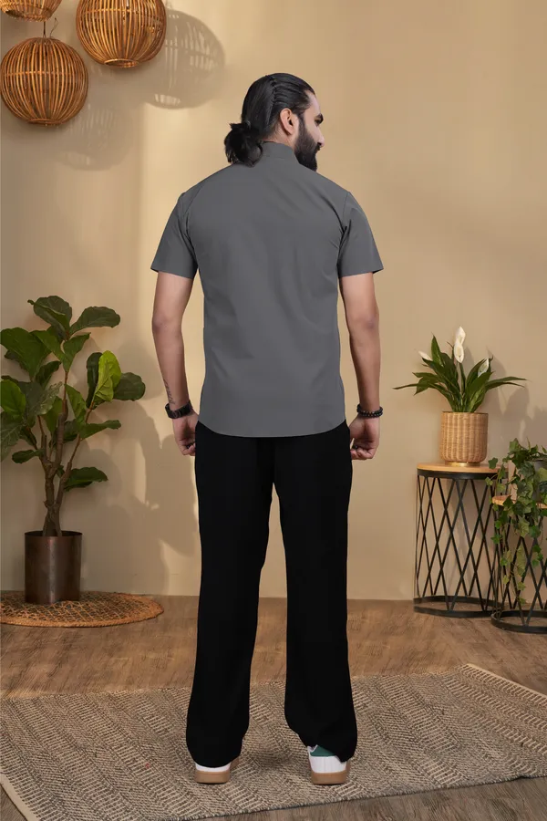 Dark_Grey_Nylon_knitted_seamless_Short-Sleeve_Button_Shirt_For_Men