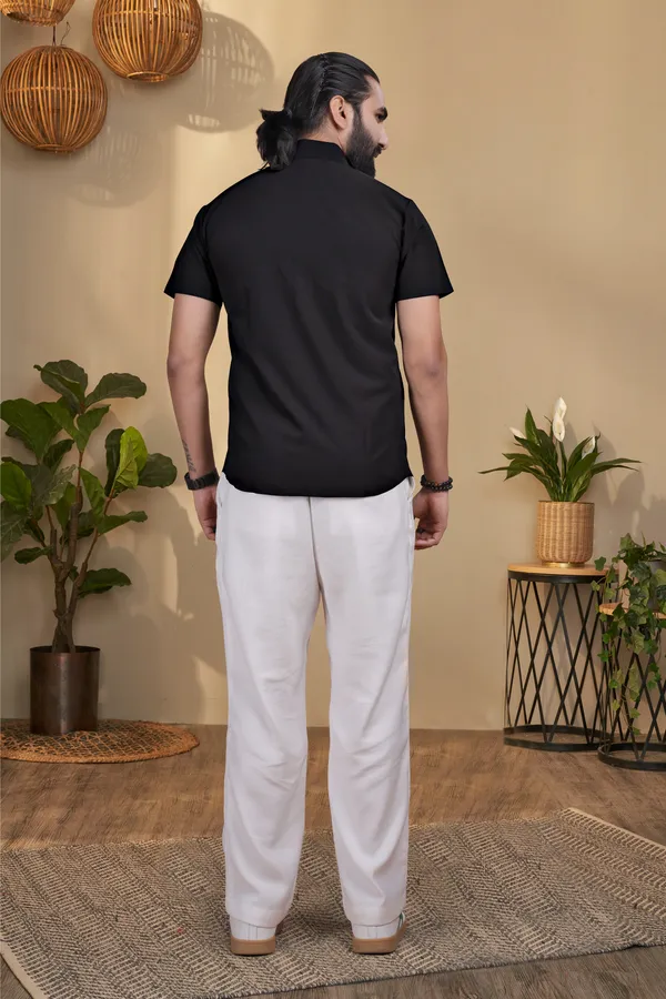 Black_Knitted_Nylon_Seamless_Short-Sleeve_Button_Shirt_For_Men