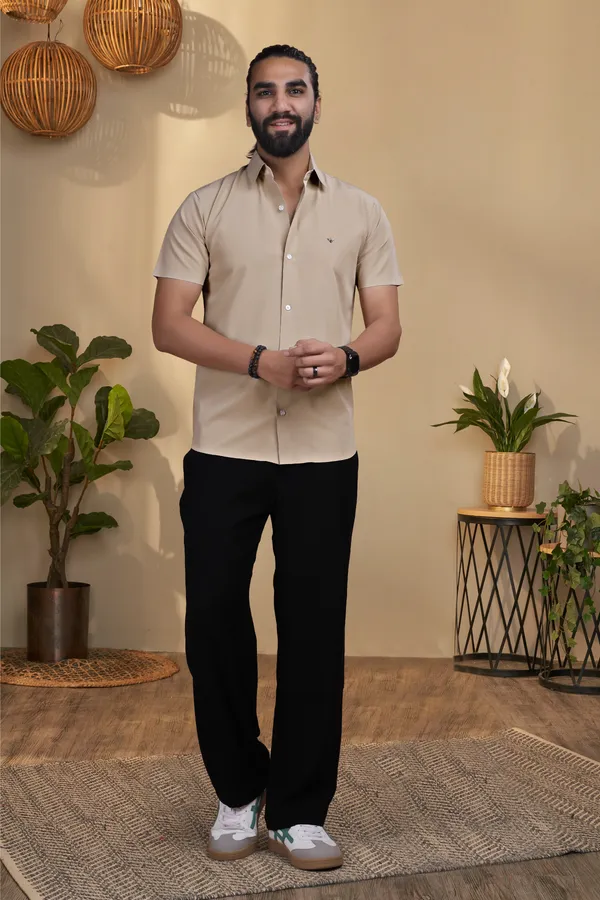 Cream_Nylon_Seamless_Short-Sleeve_Button_Shirt_For_Men