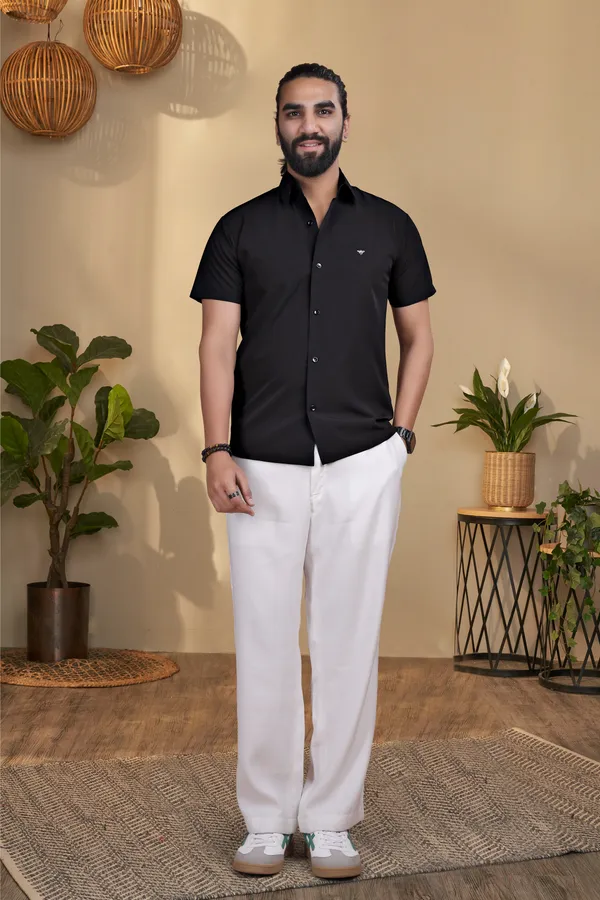 Black_Knitted_Nylon_Seamless_Short-Sleeve_Button_Shirt_For_Men