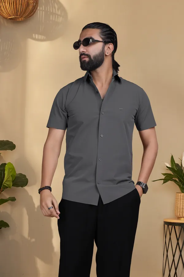 Dark_Grey_Nylon_knitted_seamless_Short-Sleeve_Button_Shirt_For_Men