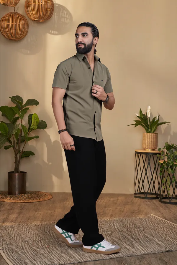 Olive_Nylon_Knitted_Seamless_Short-Sleeve_Button_Shirt_For_Men