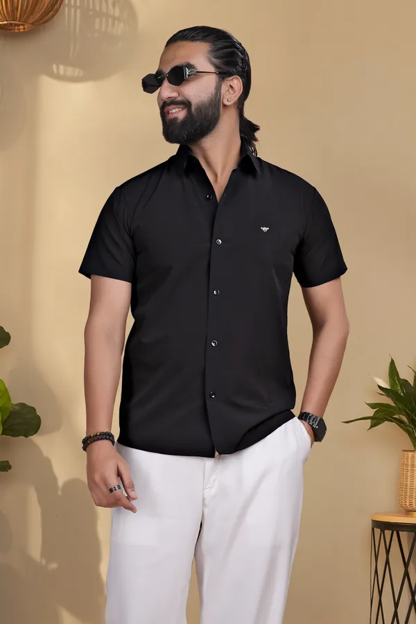 Black_Knitted_Nylon_Seamless_Short-Sleeve_Button_Shirt_For_Men