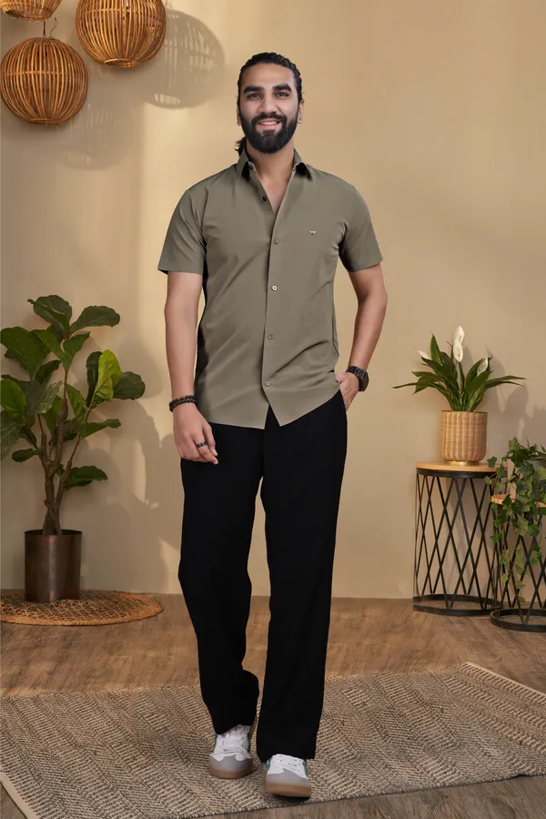 Olive_Nylon_Knitted_Seamless_Short-Sleeve_Button_Shirt_For_Men