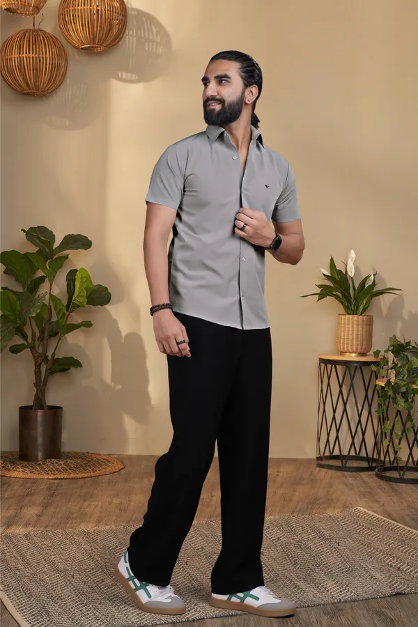 Light_Grey_Nylon_Knitted_Seamless_Short-Sleeve_Button_Shirt_For_Men