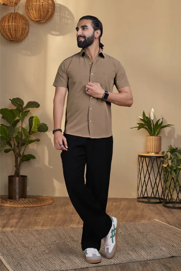 Olive_Nylon_Knitted_Seamless_Short-Sleeve_Button_Shirt_For_Men