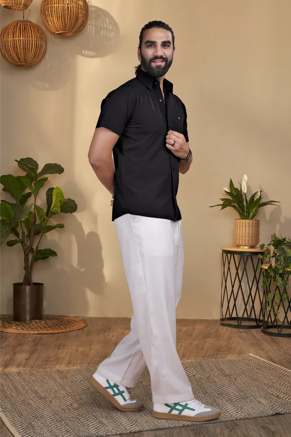 Black_Knitted_Nylon_Seamless_Short-Sleeve_Button_Shirt_For_Men