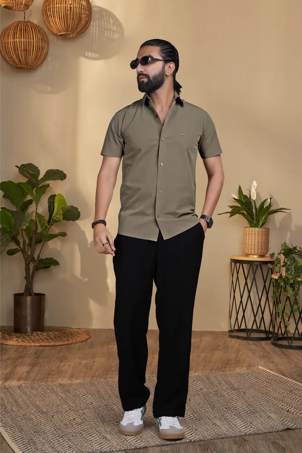 Olive_Nylon_Knitted_Seamless_Short-Sleeve_Button_Shirt_For_Men