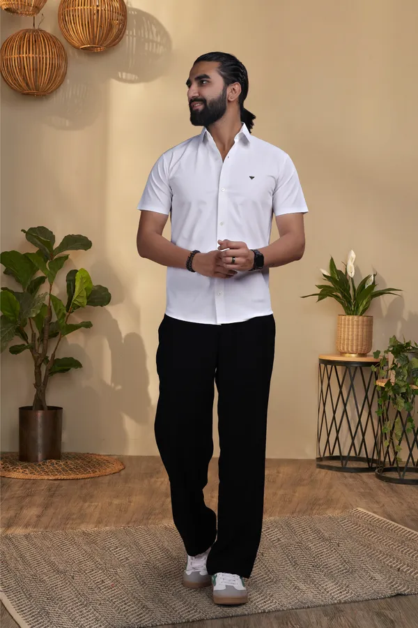White_Nylon_knitted_Seamless_Short-Sleeve_Button_Shirt_For_Men
