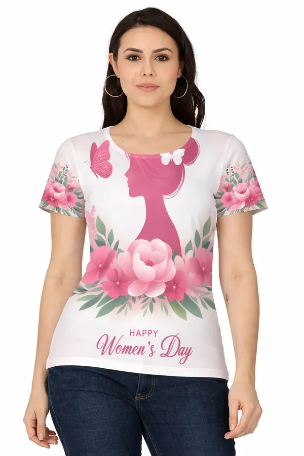 Happy_Women_S_Day_Floral_Graphic_T_Shirt_For_Women_Butterfly_Flower_Print_Feminine_Tee_White