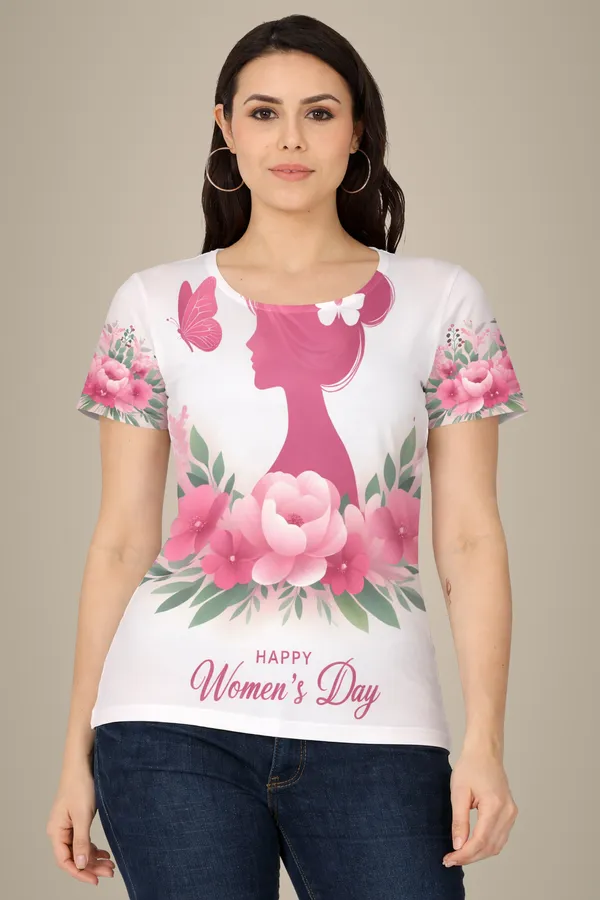 Happy_Women_S_Day_Floral_Graphic_T_Shirt_For_Women_Butterfly_Flower_Print_Feminine_Tee_White