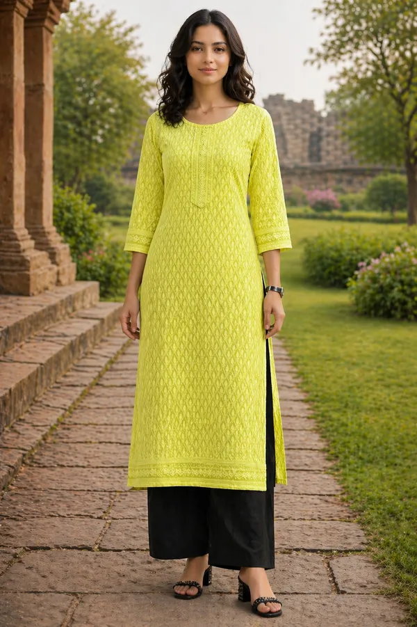 Lime_Glow_Jacquard_Buti_Kurti