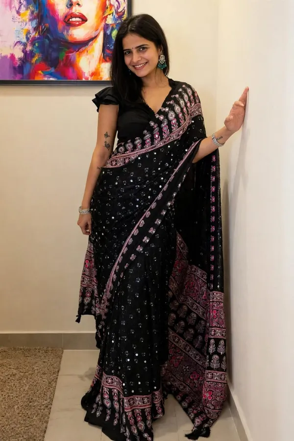 Mirror_Ajrakh_Modal_Silk_Saree_With_Blouse_Set