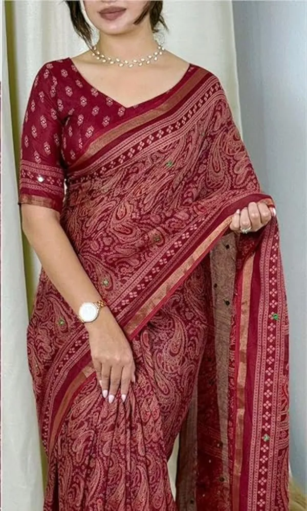 Ajrakh_Print_Saree_with_Paisley_Pattern,_Cotton_Blend,_Traditional_Woven_Border,_Ethnic_And_Fastival_Saree