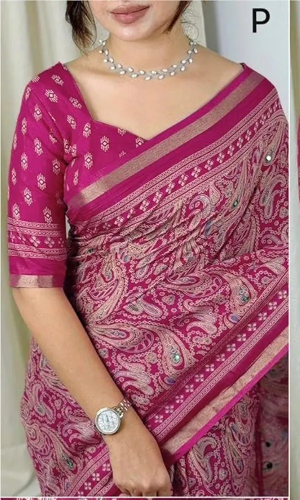 Ajrakh_Print_Saree_with_Paisley_Pattern,_Cotton_Blend,_Traditional_Woven_Border,_Ethnic_And_Fastival_Saree