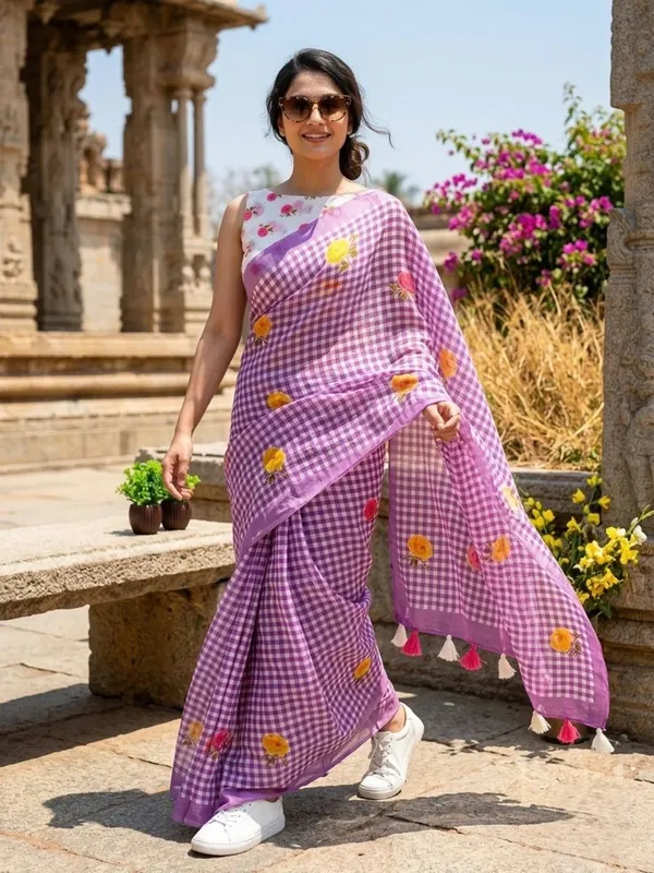 Royal_Purple_Check_Cotton_Saree_–_Floral_Embroidery_with_Blouse_Piece