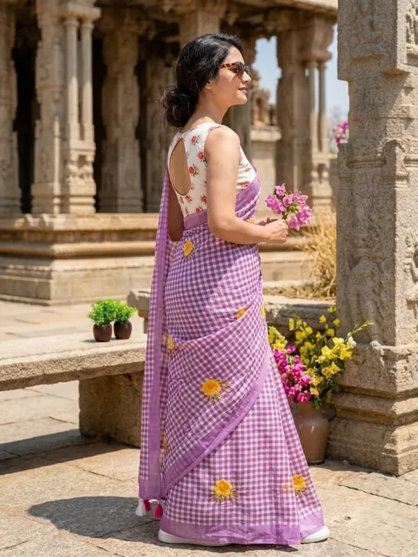 Royal_Purple_Check_Cotton_Saree_–_Floral_Embroidery_with_Blouse_Piece