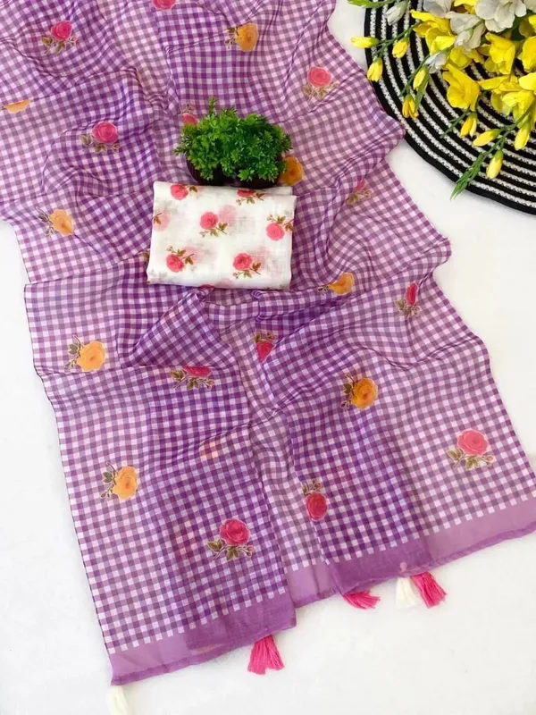 Royal_Purple_Check_Cotton_Saree_–_Floral_Embroidery_with_Blouse_Piece