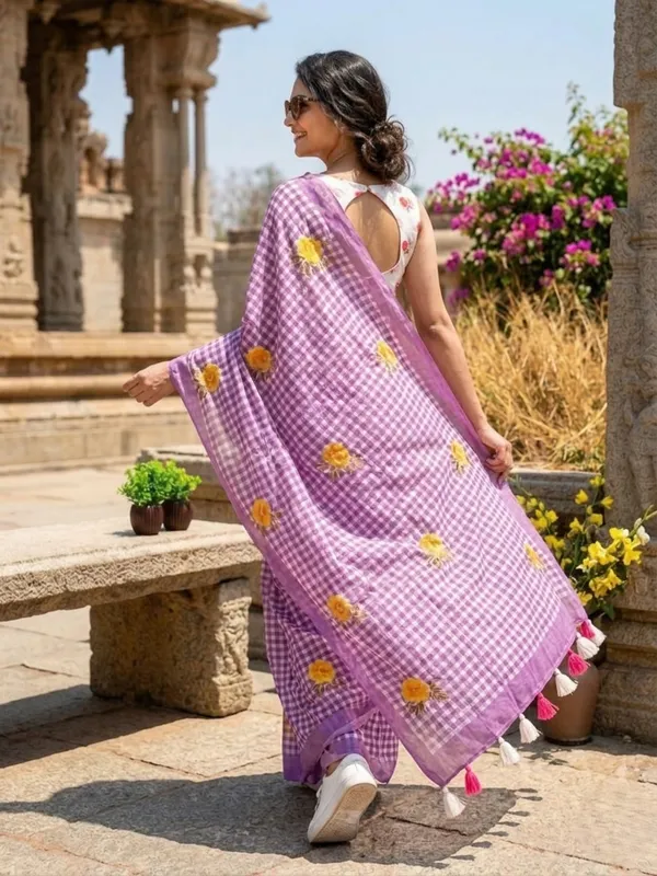 Royal_Purple_Check_Cotton_Saree_–_Floral_Embroidery_with_Blouse_Piece