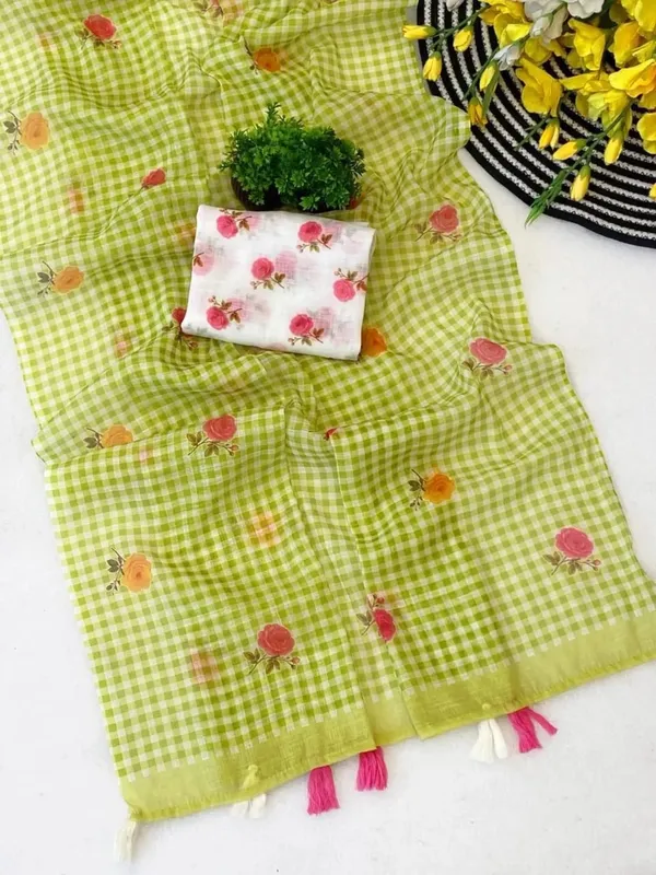 Emerald_Check_Cotton_Saree_–_Floral_Embroidery_with_Blouse_Piece