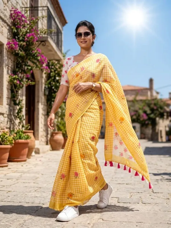 Sunlit_Yellow_Check_Cotton_Saree_–_Floral_Embroidery_with_Blouse_Piece