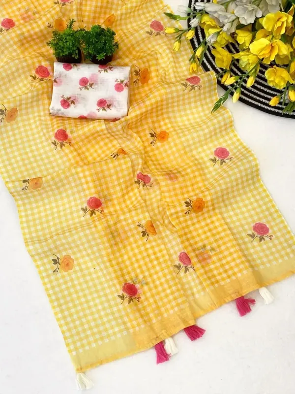 Sunlit_Yellow_Check_Cotton_Saree_–_Floral_Embroidery_with_Blouse_Piece