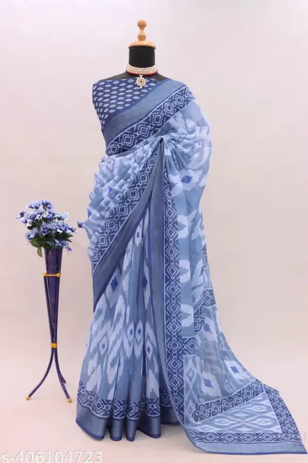 Steel_Blue_Linen_Saree_with_Traditional_Ikat_Motifs_and_Matching_Blouse