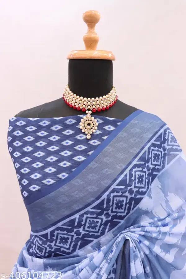 Steel_Blue_Linen_Saree_with_Traditional_Ikat_Motifs_and_Matching_Blouse