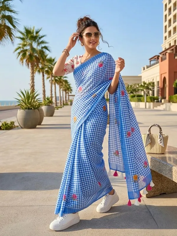 Indigo_Check_Cotton_Saree_–_Floral_Embroidery_with_Blouse_Piece
