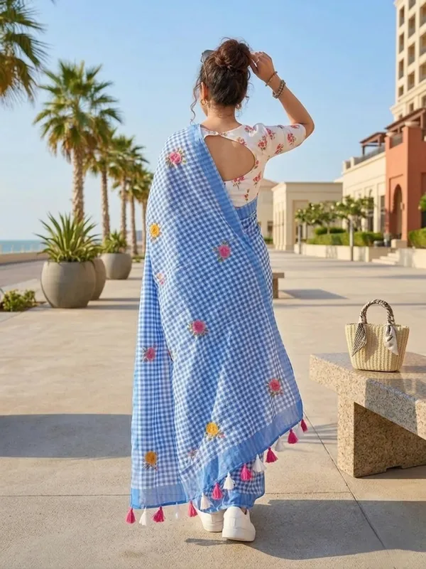 Indigo_Check_Cotton_Saree_–_Floral_Embroidery_with_Blouse_Piece