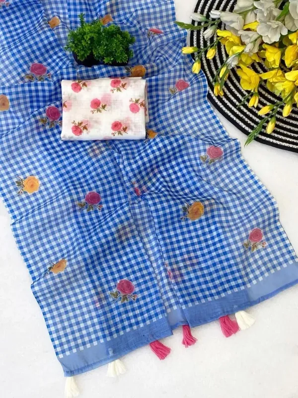 Indigo_Check_Cotton_Saree_–_Floral_Embroidery_with_Blouse_Piece