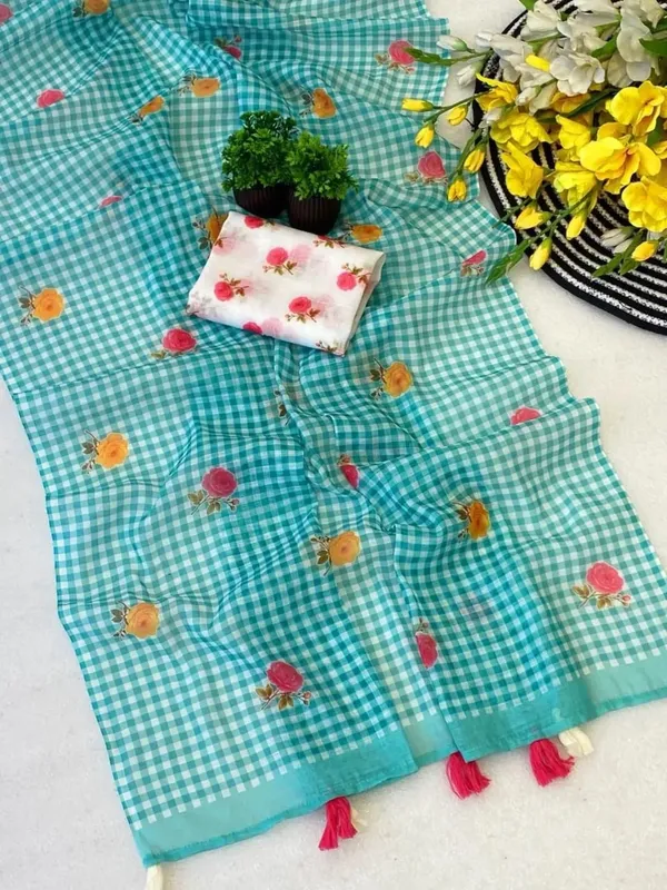 Sky_Blue_Check_Cotton_Saree_–_Floral_Embroidery_with_Blouse_Piece