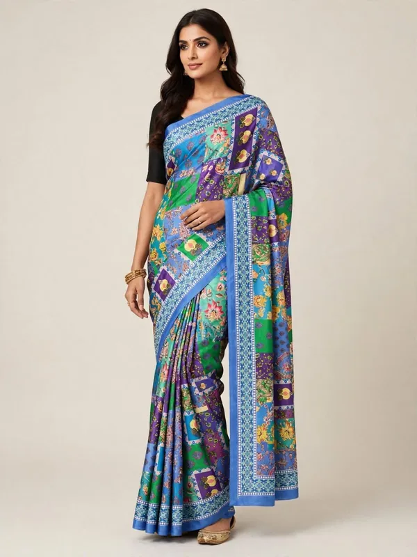 Royal_Blue_Multicolor_Ajrakh_Modal_Silk_Saree_with_Blouse_Set