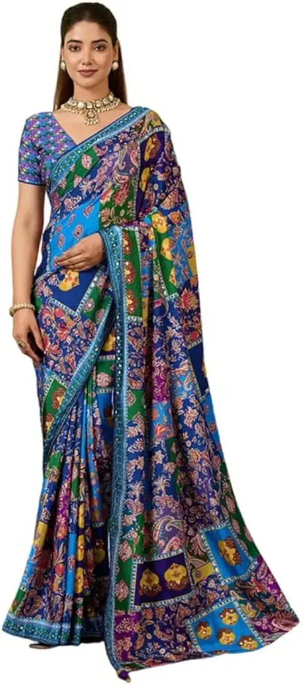 Royal_Blue_Multicolor_Ajrakh_Modal_Silk_Saree_with_Blouse_Set