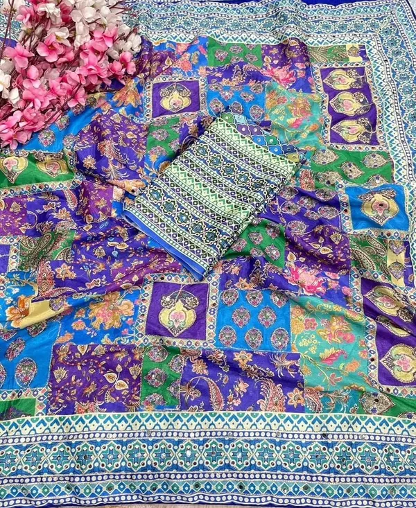 Royal_Blue_Multicolor_Ajrakh_Modal_Silk_Saree_with_Blouse_Set