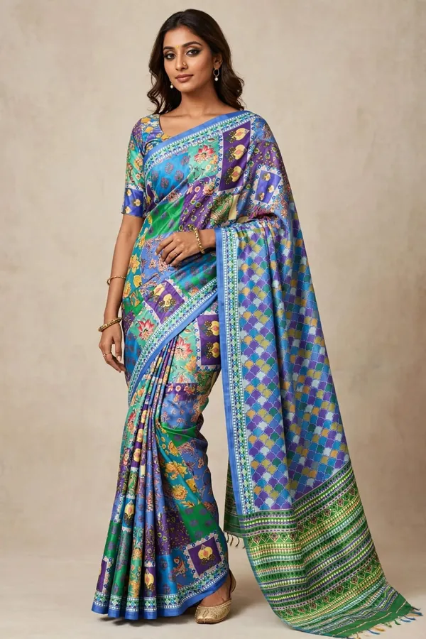 Royal_Blue_Multicolor_Ajrakh_Modal_Silk_Saree_with_Blouse_Set