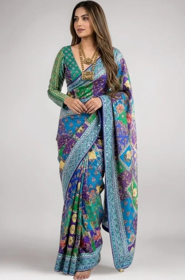 Royal_Blue_Multicolor_Ajrakh_Modal_Silk_Saree_with_Blouse_Set