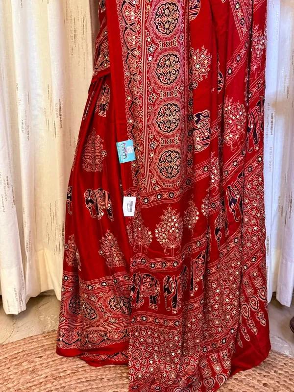 Royal_Red_Mirror_Ajrakh_Modal_Silk_Saree_with_Blouse_Set