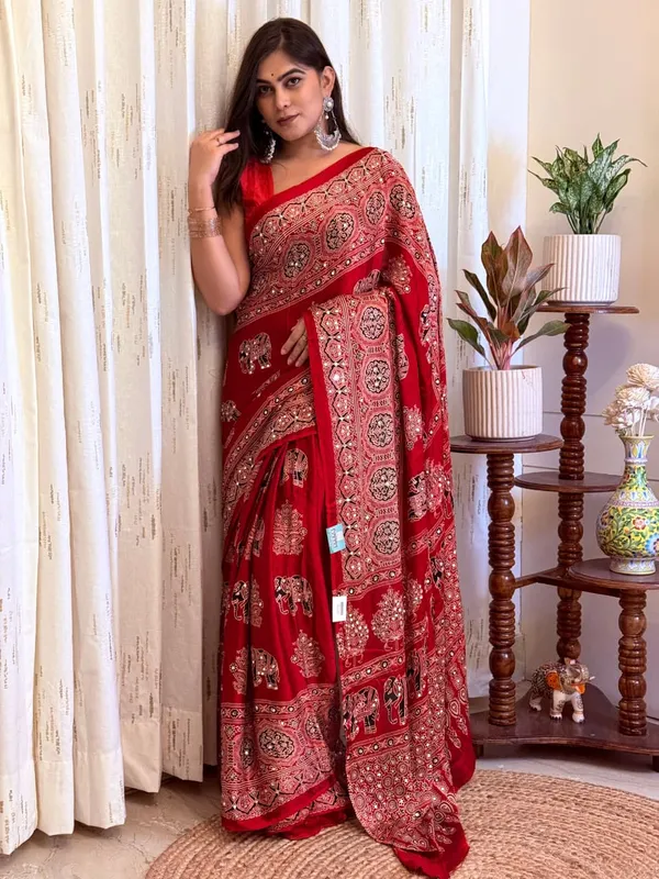 Royal_Red_Mirror_Ajrakh_Modal_Silk_Saree_with_Blouse_Set