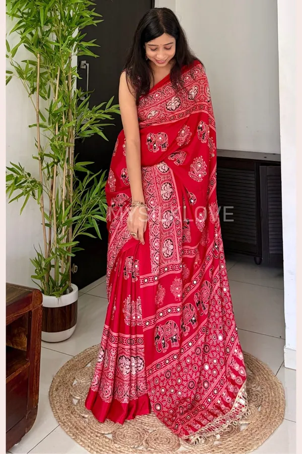 Royal_Red_Mirror_Ajrakh_Modal_Silk_Saree_with_Blouse_Set