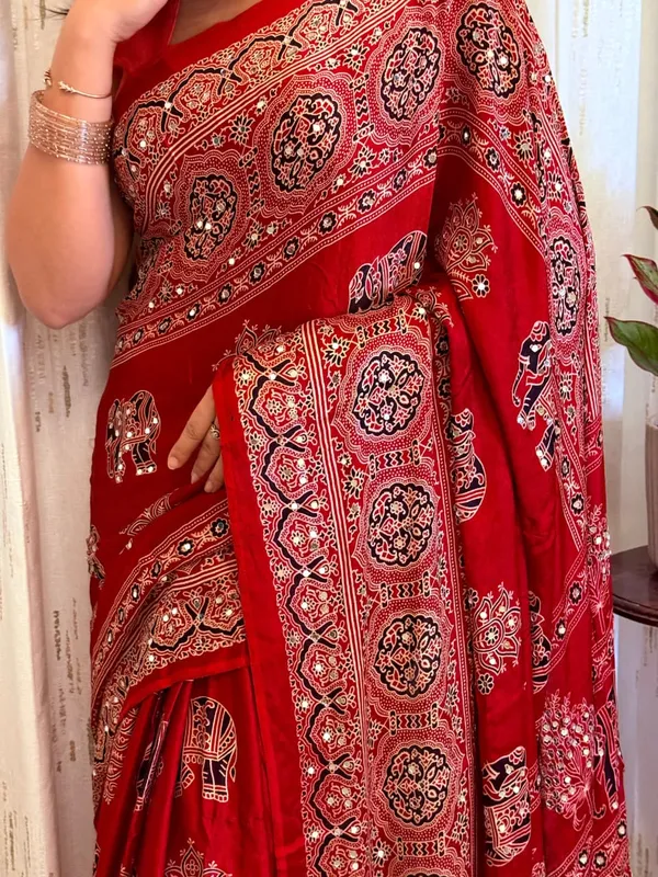 Royal_Red_Mirror_Ajrakh_Modal_Silk_Saree_with_Blouse_Set