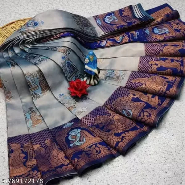 Silver_Grey_&_Navy_Blue_Jacquard_Silk_Saree_–_Elegant_Formal_Festive_Drape