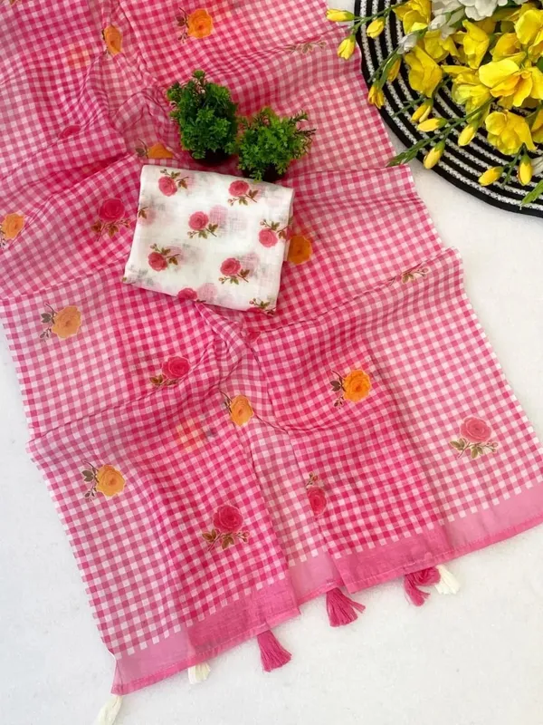Blush_Pink_Check_Cotton_Saree_–_Floral_Embroidery_with_Blouse_Piece