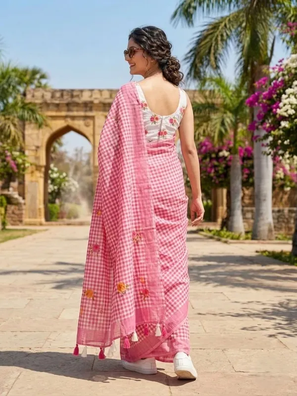 Blush_Pink_Check_Cotton_Saree_–_Floral_Embroidery_with_Blouse_Piece