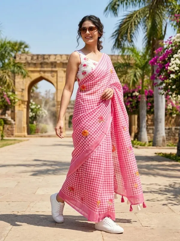 Blush_Pink_Check_Cotton_Saree_–_Floral_Embroidery_with_Blouse_Piece