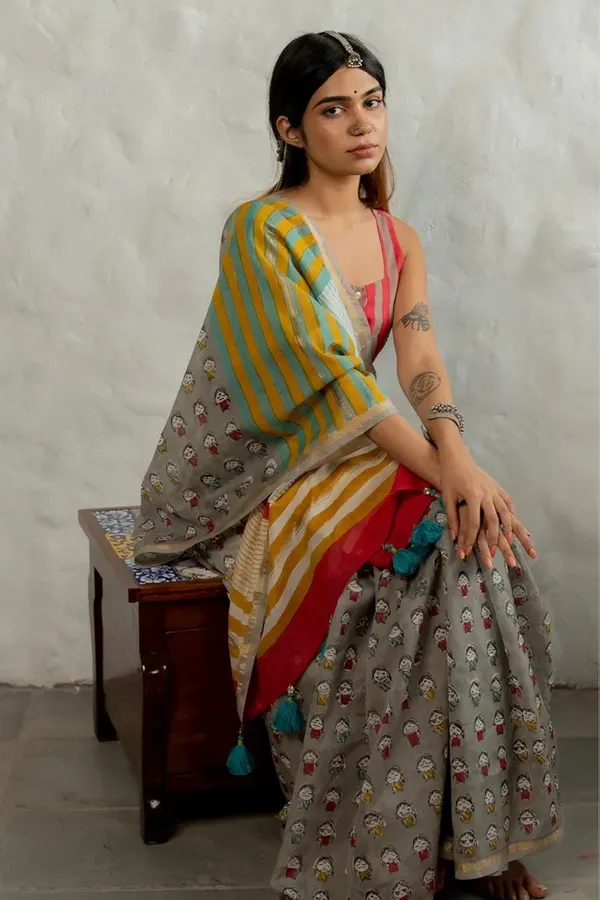 Designer_Rainbow_Saree_with_Contrast_Blouse