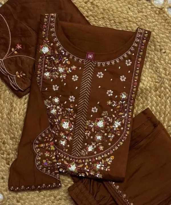 Alluring_Brown_Pure_Mal_Chanderi_Anarkali_Set_with_Floral_Hand_Work_Detailing