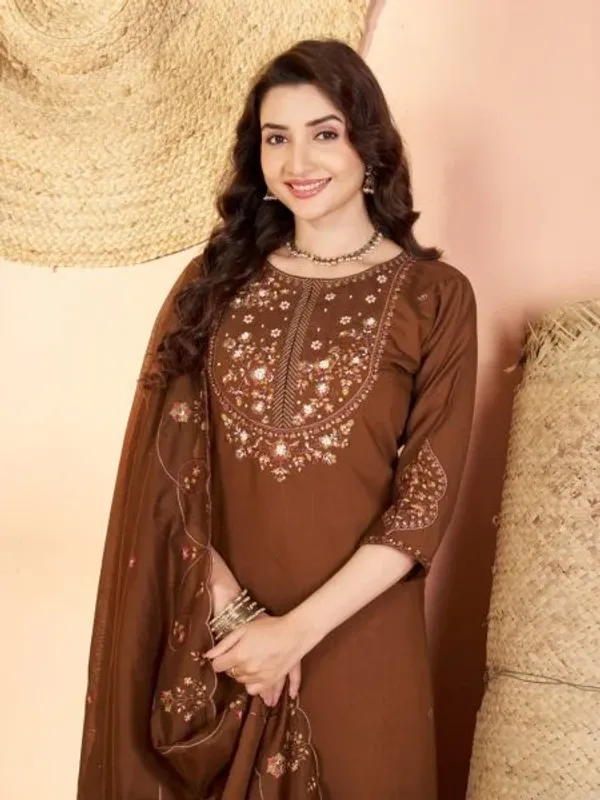 Alluring_Brown_Pure_Mal_Chanderi_Anarkali_Set_with_Floral_Hand_Work_Detailing