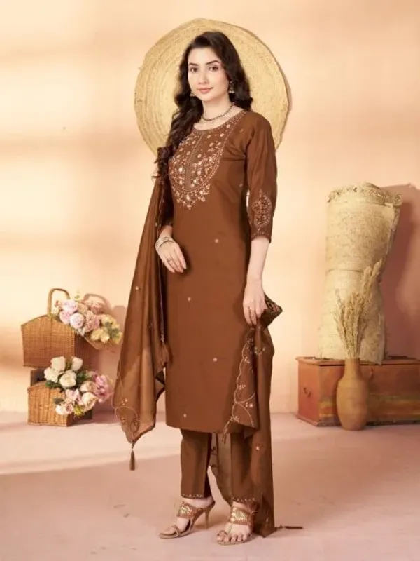 Alluring_Brown_Pure_Mal_Chanderi_Anarkali_Set_with_Floral_Hand_Work_Detailing